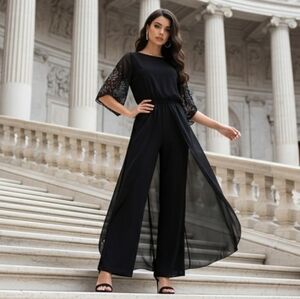 Marina Womens Size 4 Black Beaded Sleeve Jumpsuit With Sheer Overlay & Back Zip